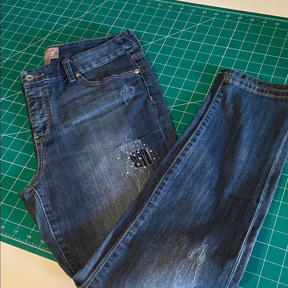 Chico's Womens Straight Dark Blue Denim Jeans with distresses and rhinestones.